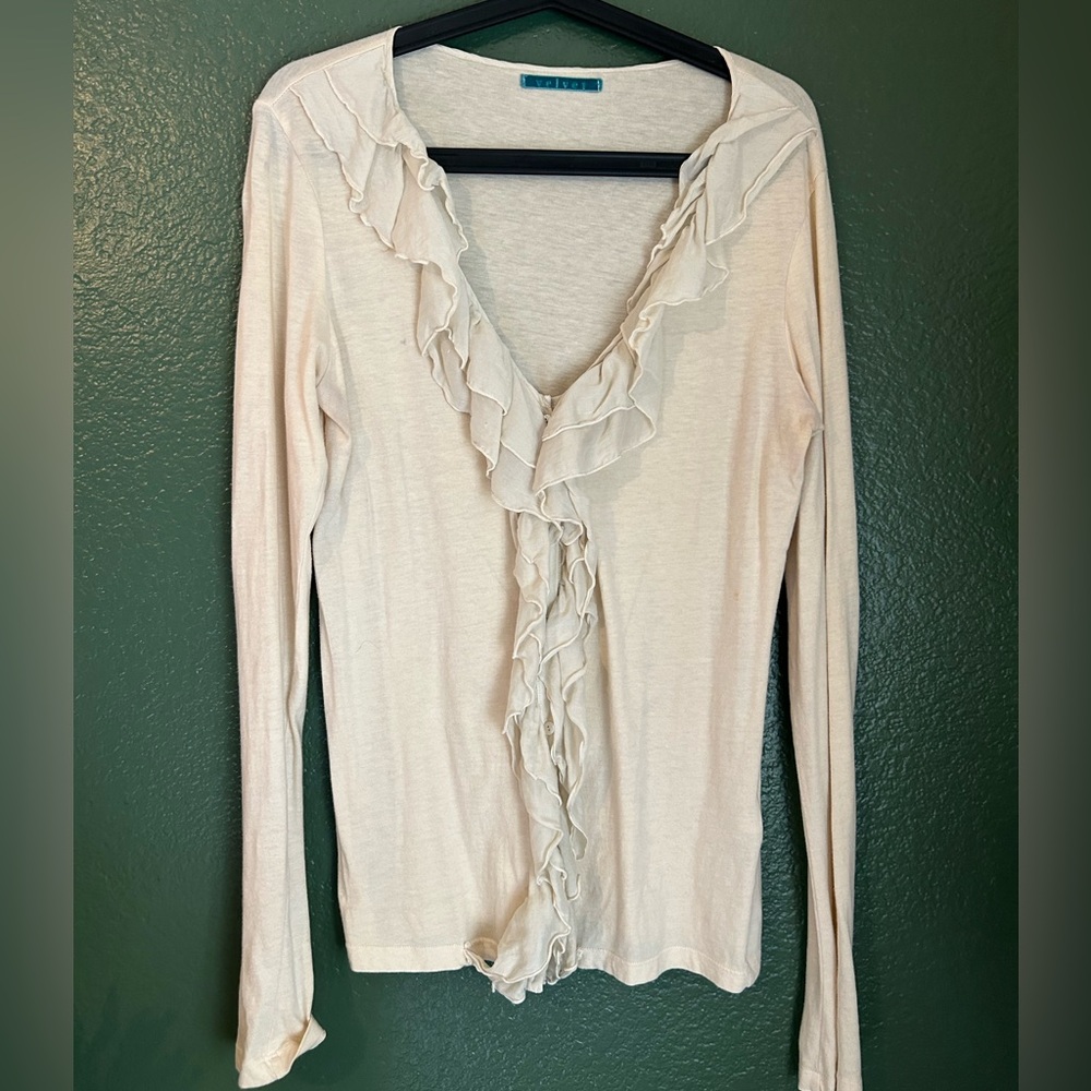Anthropologie Velvet Brand Cream Ruffle Cardigan sweater- vintage looking